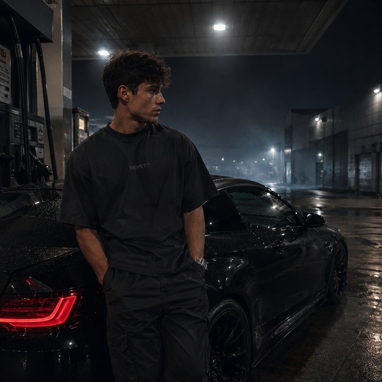 BEVST 001 tee worn at a gas station at night, rain, car