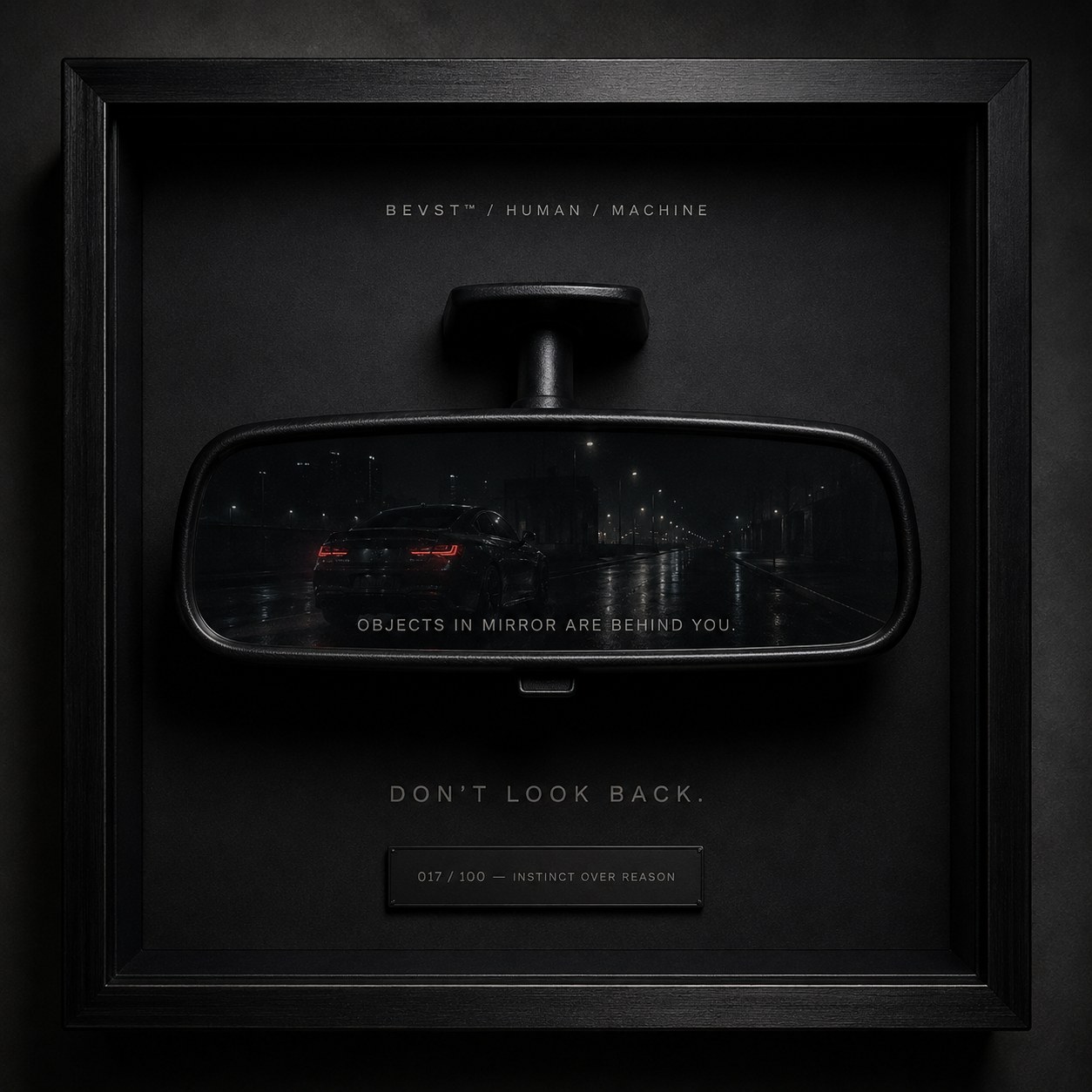 A rearview mirror reflecting a car on a night road, framed like a collectible plate